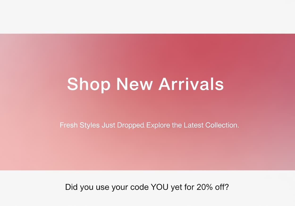 Pink gradient background with white Shop New Arrivals text and promotional message.